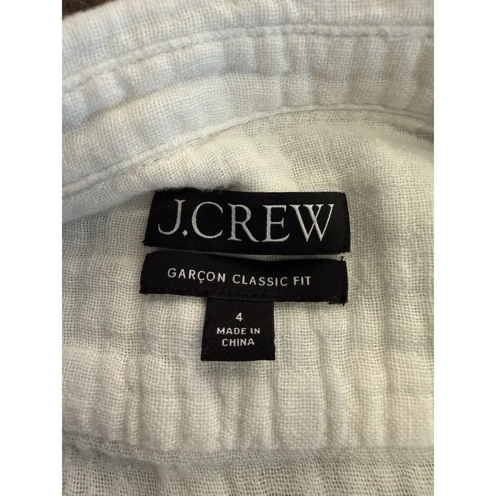 J Crew Garcon Classic Fit Womens White Button Up Long Sleeve Linen Shirt Size 4